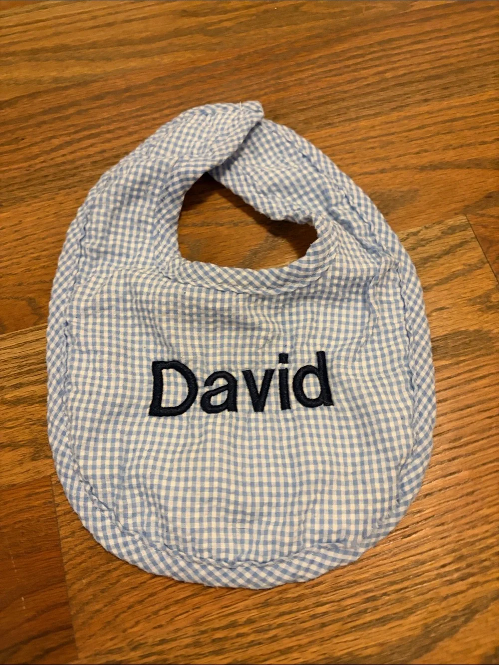 “David” Personalized Blue Seersucker Baby Bib and Burp Cloth Set